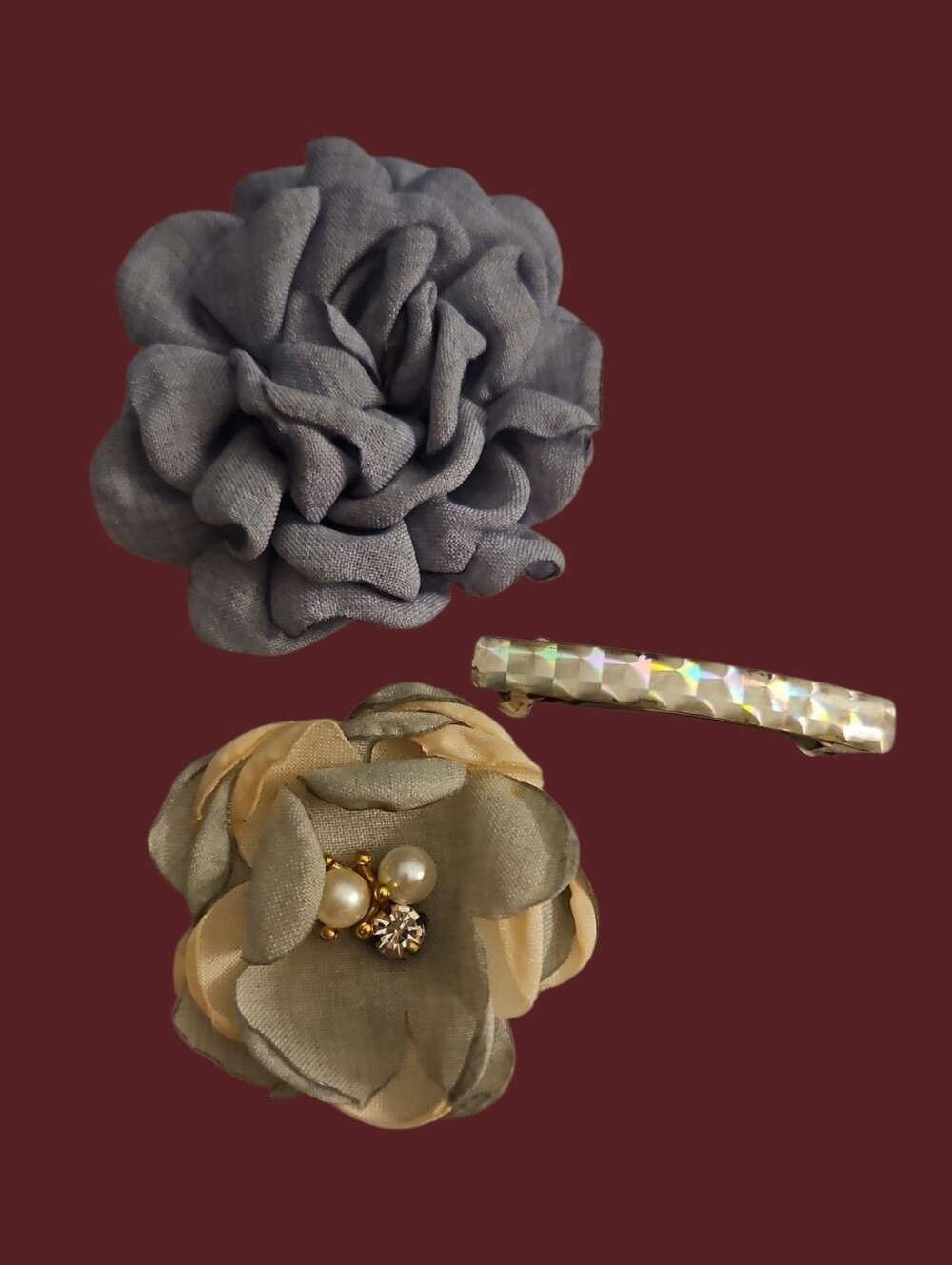 Vintage Blue Floral Hair Clips and Holographic Barrette